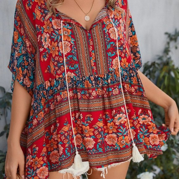 Plus Floral Print Tassel Tie Neck Batwing Sleeve Peplum Blouse - Picture 1 of 3
